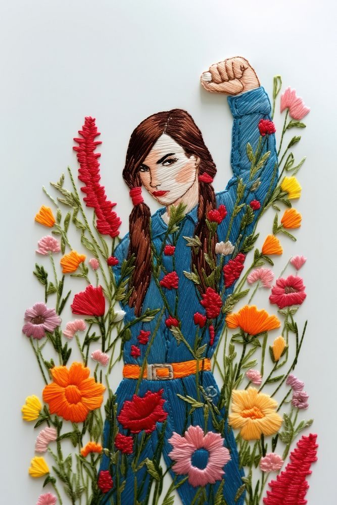 A brave girl rise her fist embroidery pattern flower.