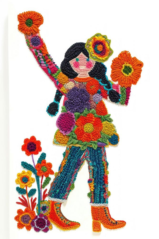 A brave girl rise her fist embroidery pattern flower.