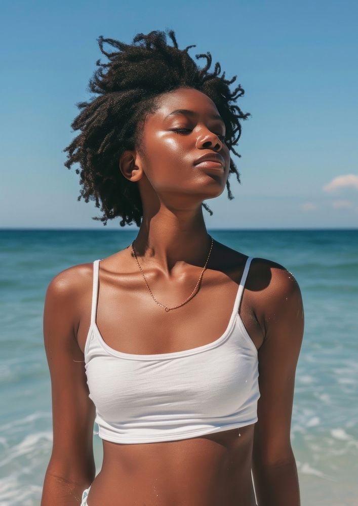 Black woman wearing white tank top summer beach adult.
