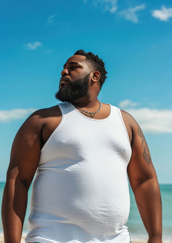 Fat man wearing white tank top summer adult barechested.
