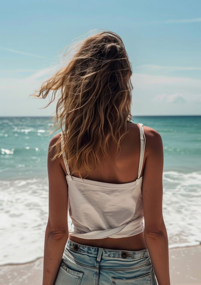 Woman wearing white tank top summer beach adult.