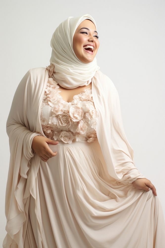 A joyful Chubby Muslim woman dress gown happiness.