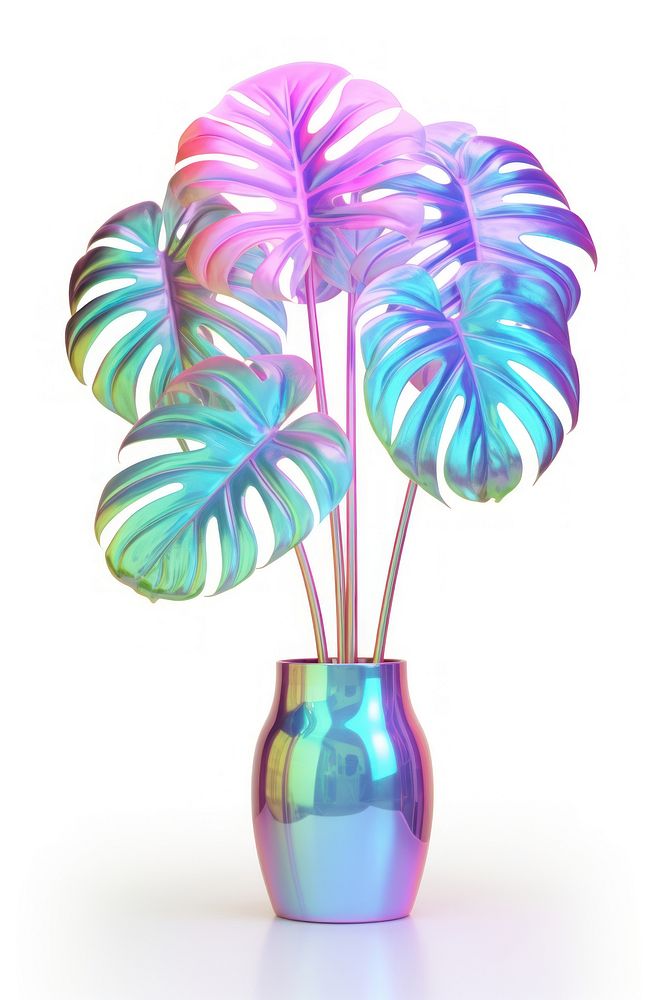 Monstera iridescent plant vase white background.