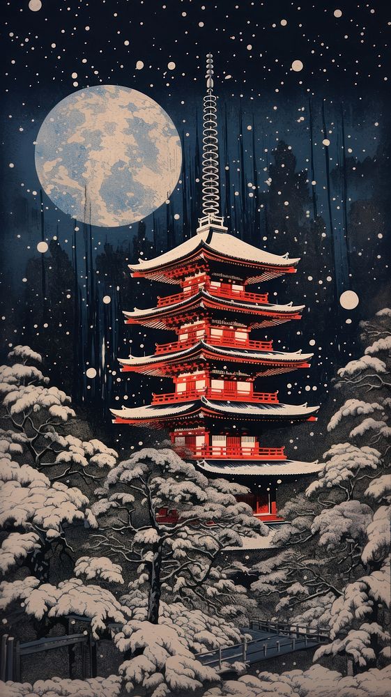 Pagoda night snow moon