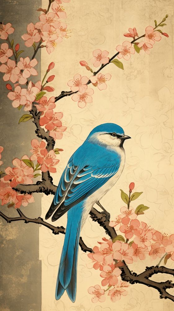 Blue bird on a cherryblossom branch painting animal art