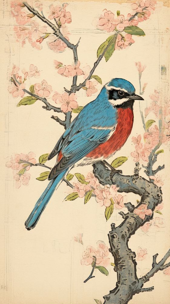 Blue bird on a cherryblossom branch animal art creativity. 