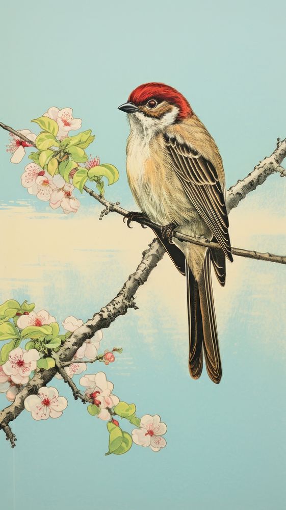 Bird sparrow blossom animal. 