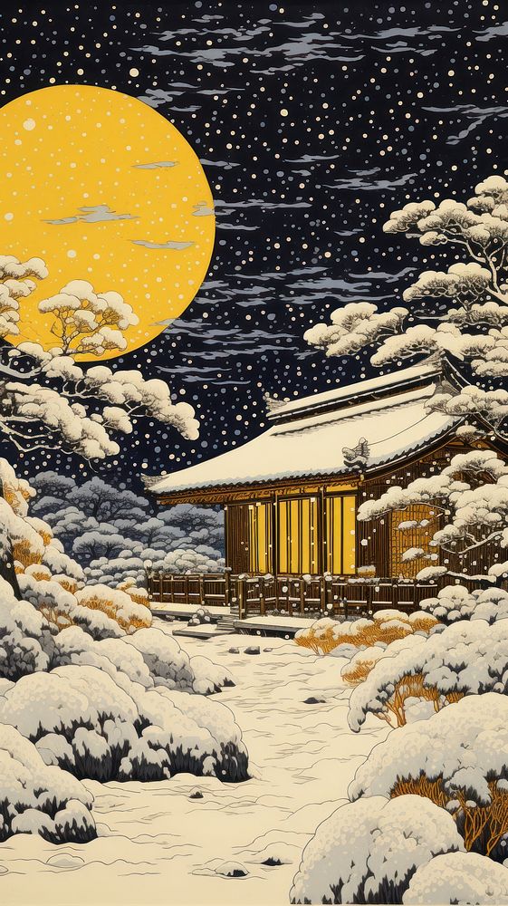 The exterior of a winter covered yellow japanese house in the snow architecture building outdoors. AI generated Image by…