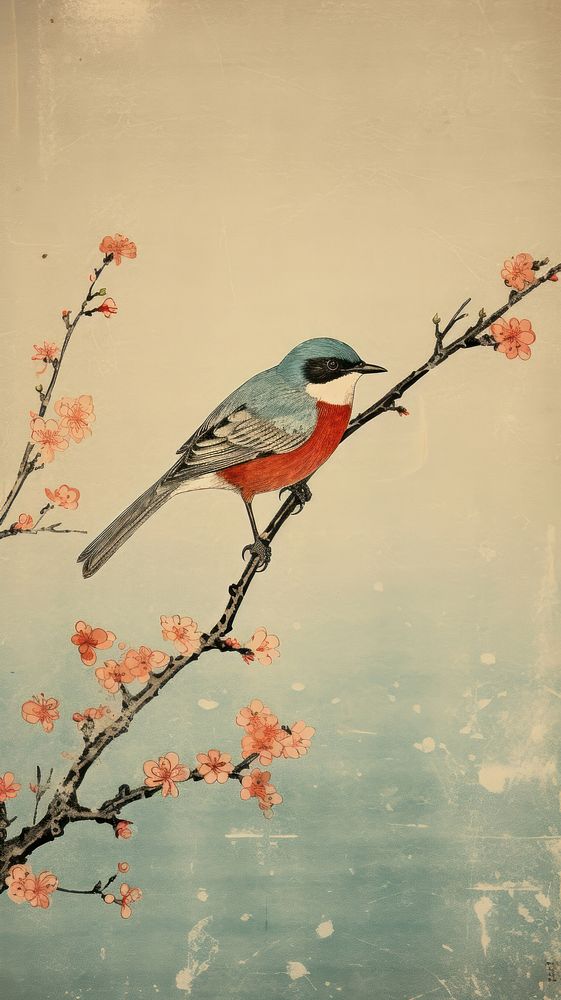 Flower bird painting branch. AI generated Image by rawpixel.