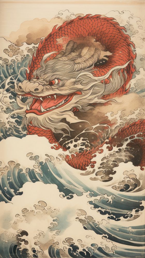 Dragon and waves painting art creativity. AI generated Image by rawpixel.