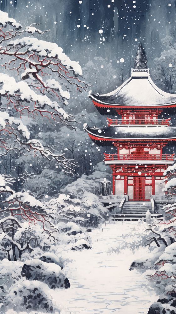 The exterior of a winter covered japanese temple in the snow architecture building outdoors. AI generated Image by rawpixel.