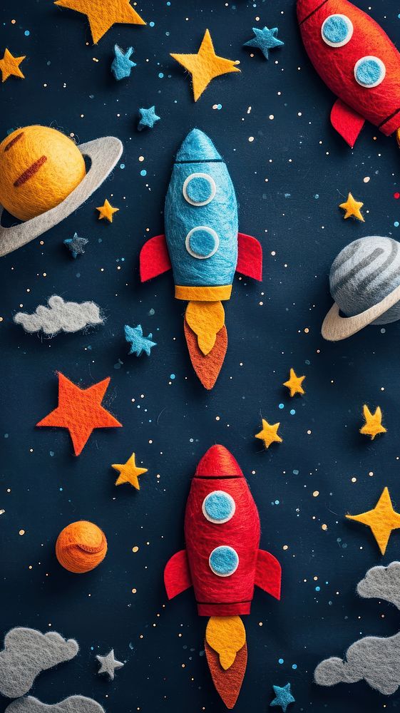 Wallpaper of felt rocket pattern toy art representation.