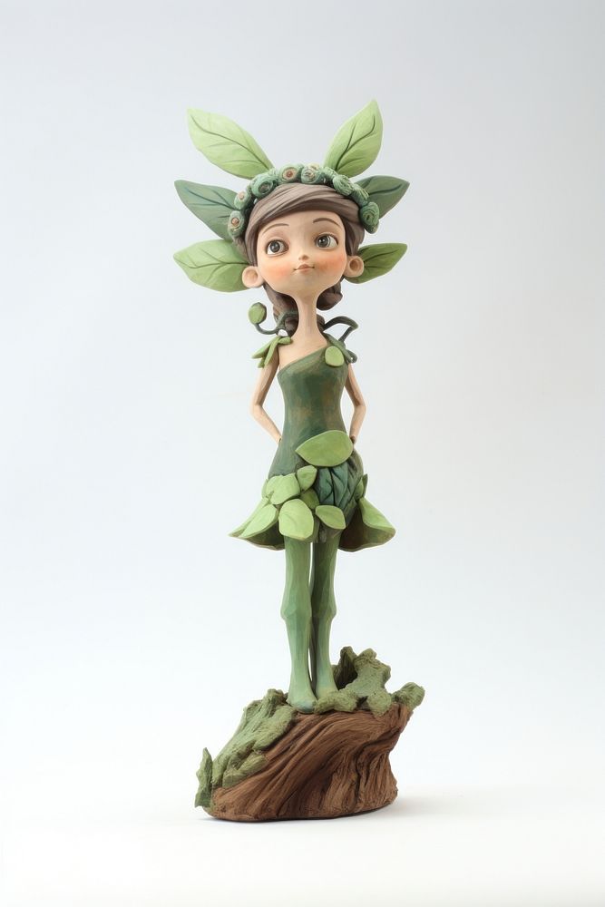 Little forest fairy made up of clay figurine toy white background.