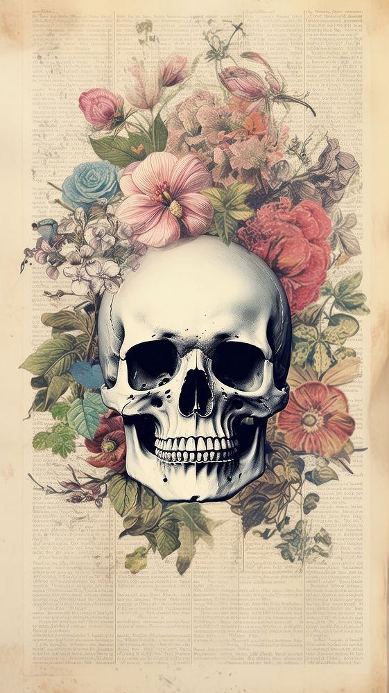 Wallpaper ephemera pale skull painting pattern flower.