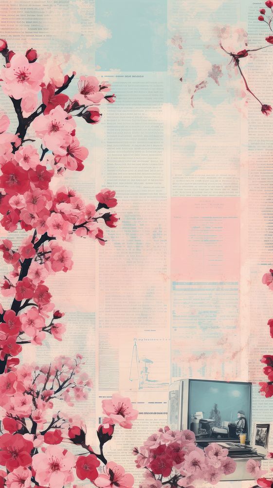 Wallpaper ephemera pale cherry blossom flower plant.