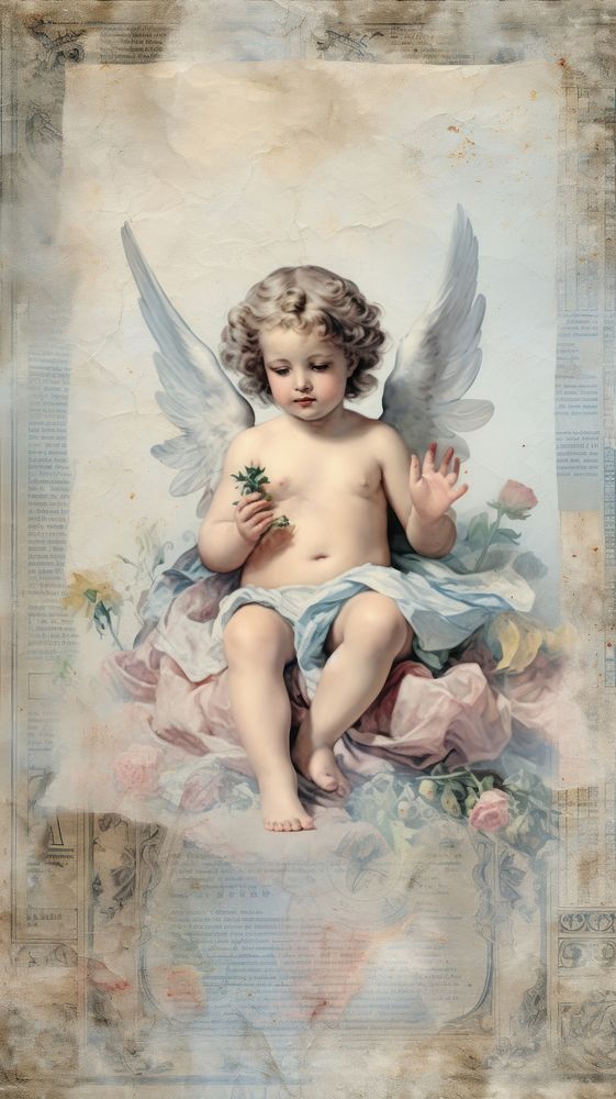 Wallpaper ephemera pale cherub portrait painting angel.