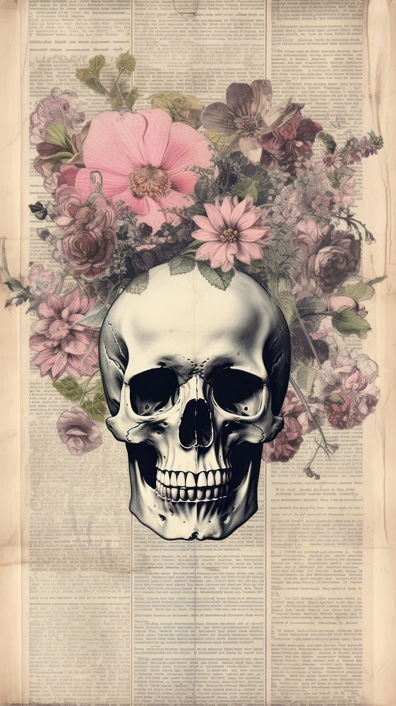 Wallpaper ephemera pale skull painting flower plant.