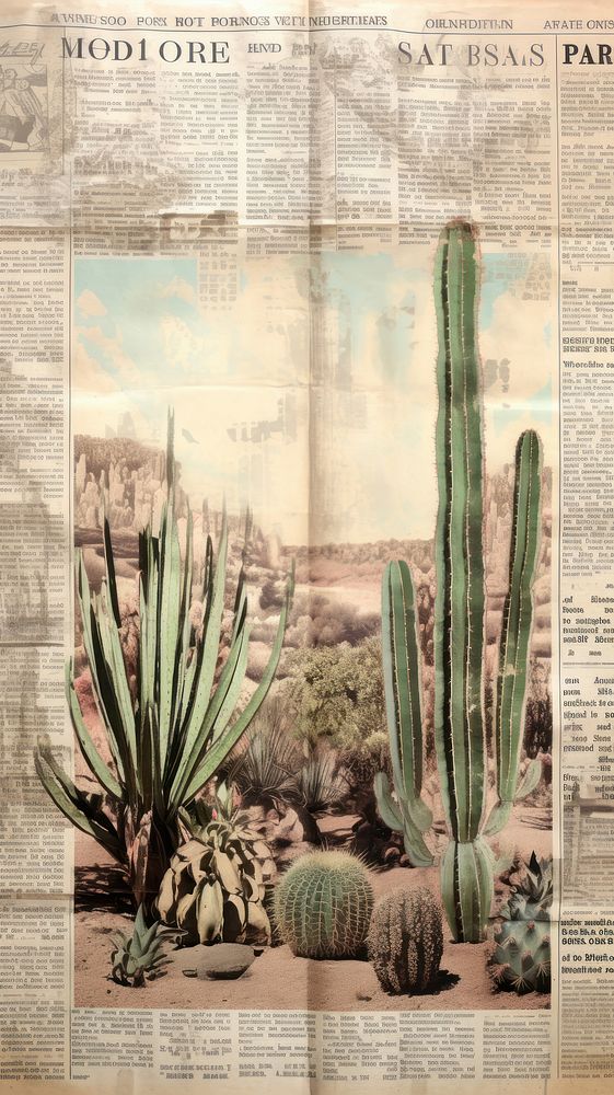 Wallpaper ephemera pale cactus newspaper plant pineapple.
