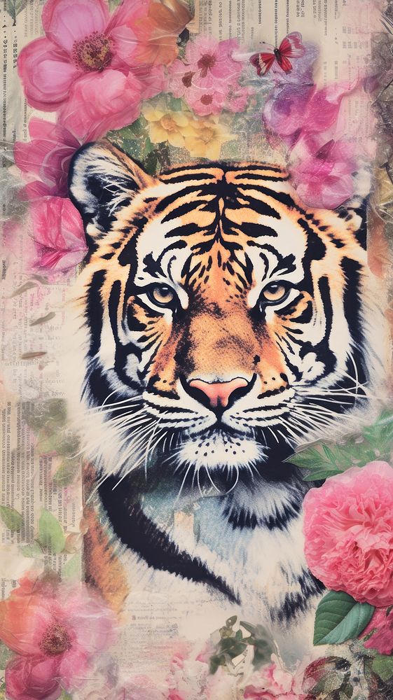 Wallpaper ephemera pale tiger wildlife painting pattern.