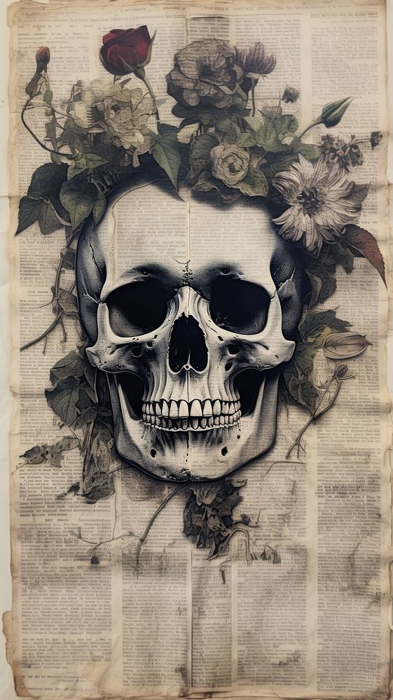 Wallpaper ephemera pale skull painting plant art.
