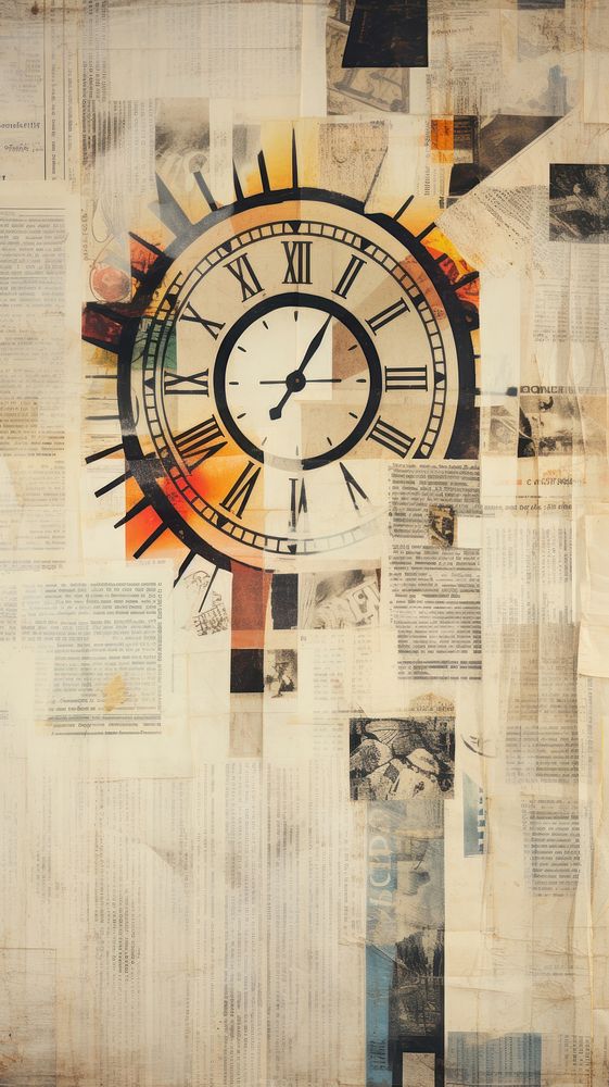 Wallpaper ephemera pale clock architecture collage art.