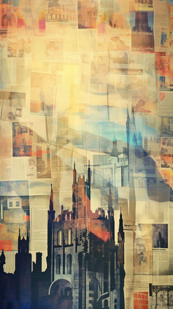 Wallpaper ephemera pale castle collage painting city.
