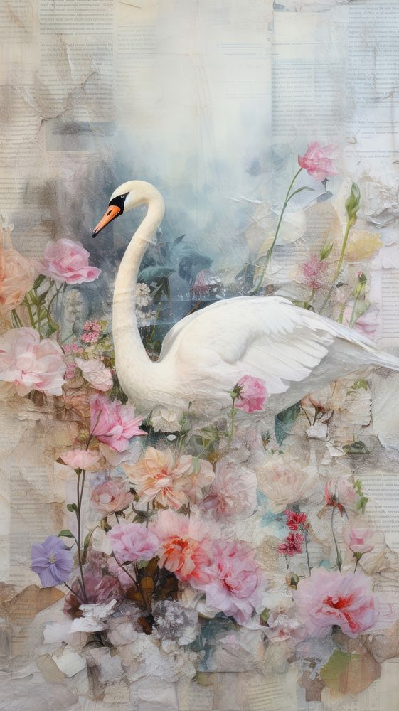 Wallpaper ephemera pale swan painting animal flower.