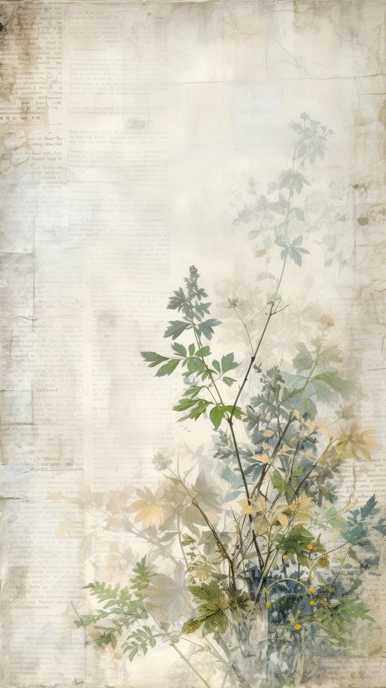 Wallpaper ephemera pale leaf painting plant herbs.