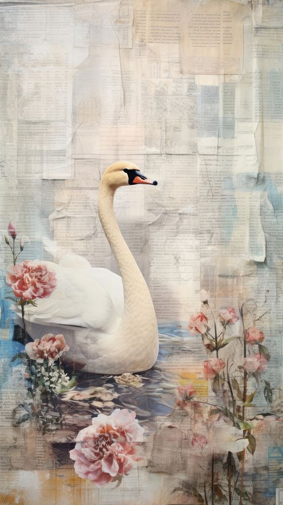 Wallpaper ephemera pale swan painting animal plant.