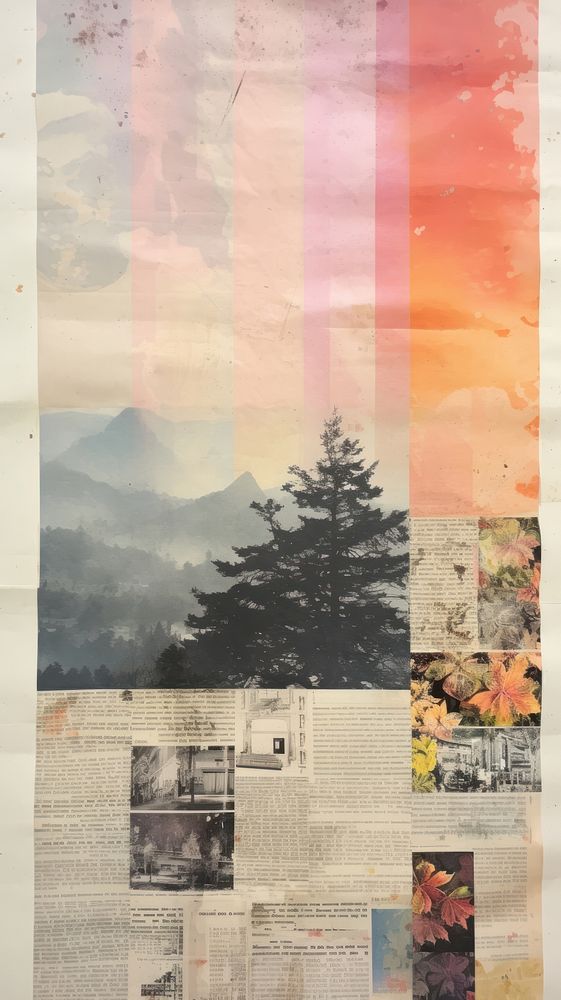 Wallpaper ephemera pale landscapes collage newspaper plant.