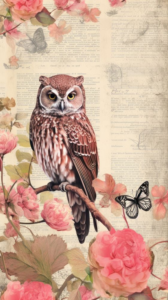 Wallpaper ephemera pale owl painting pattern animal.