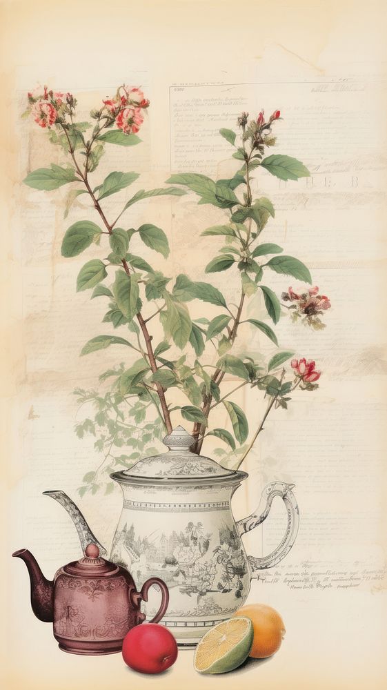Wallpaper ephemera pale teapot herbs painting flower.