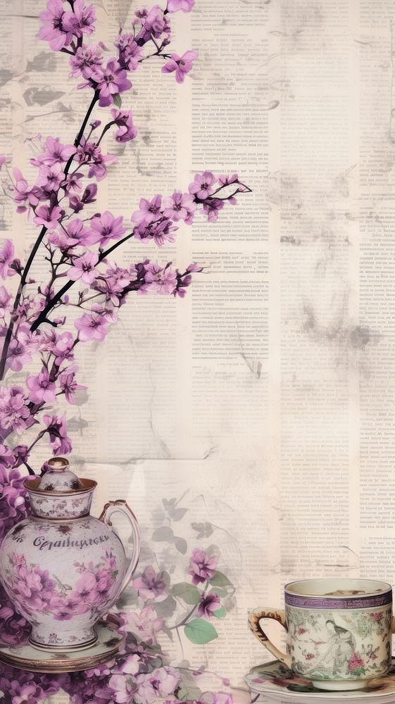 Wallpaper ephemera pale teapot blossom flower purple.