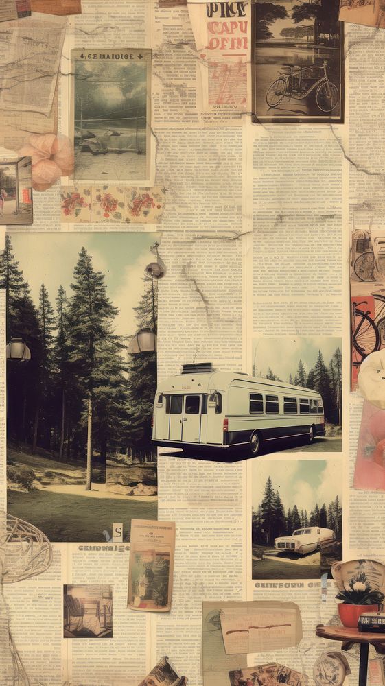 Wallpaper ephemera pale camping collage newspaper vehicle.