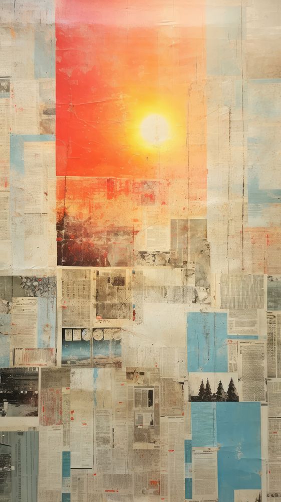 Wallpaper ephemera pale sun set painting collage art.