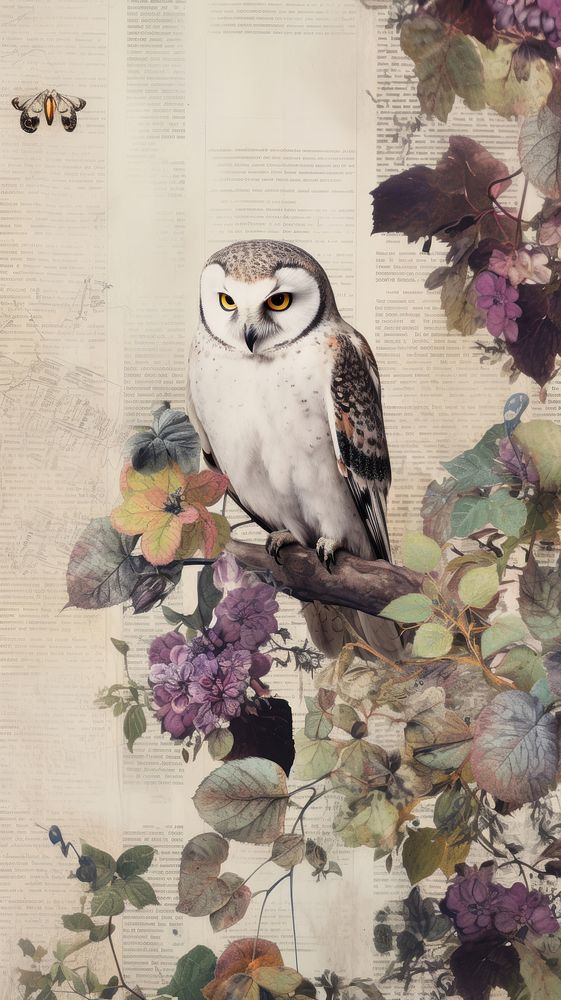 Wallpaper ephemera pale owl painting animal flower.