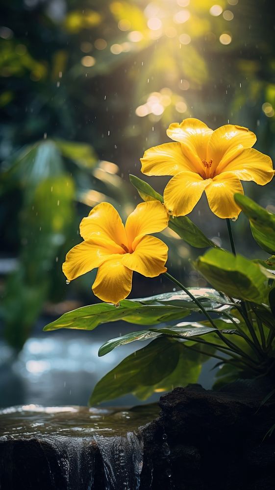  Yellow tropical flowers nature plant petal. AI generated Image by rawpixel.
