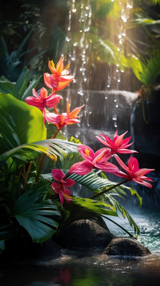  Colorful tropical flowers waterfall nature outdoors. AI generated Image by rawpixel.