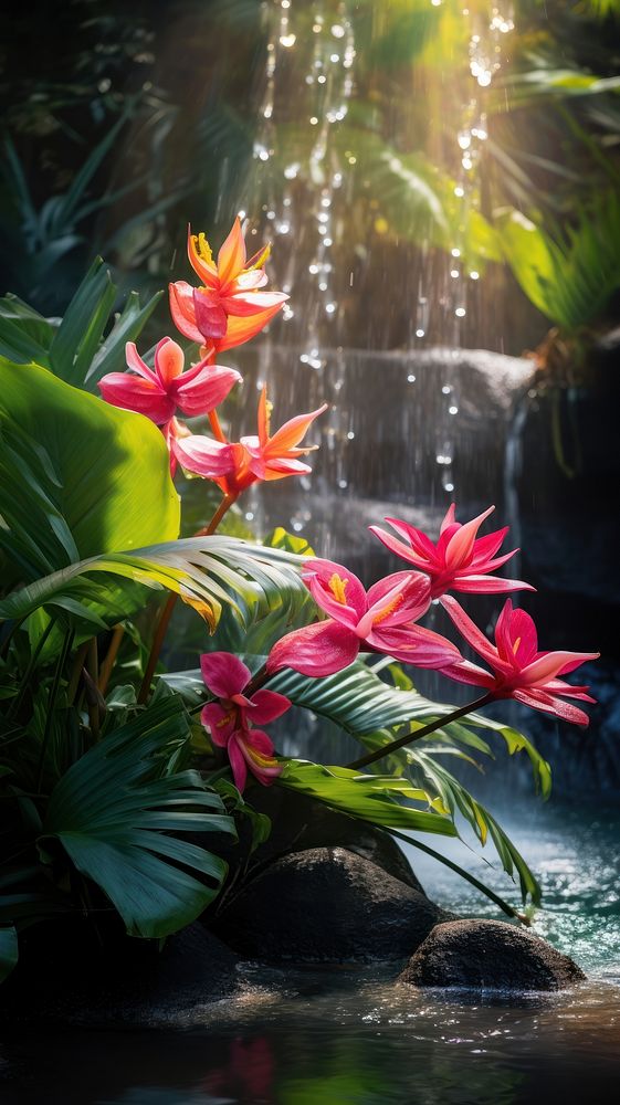  Colorful tropical flowers waterfall nature outdoors. 