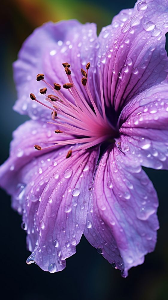  Purple wet flower blossom nature pollen. AI generated Image by rawpixel.