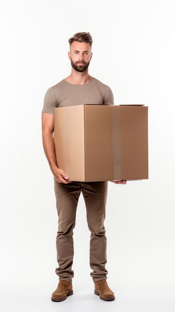 Man moving into new house cardboard adult box.
