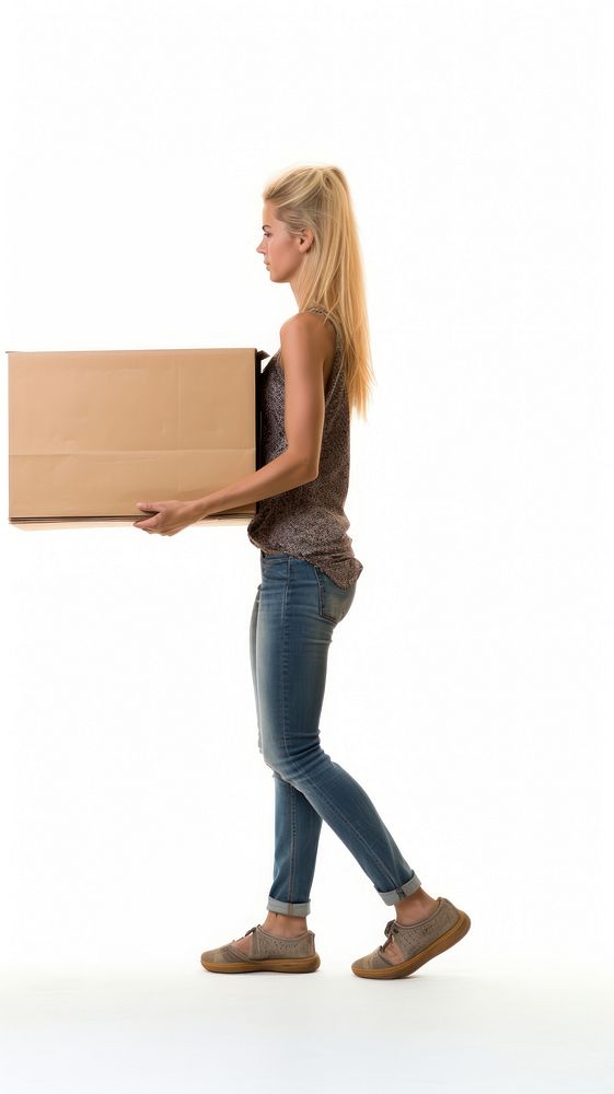 Walking woman moving into new house cardboard box white background.