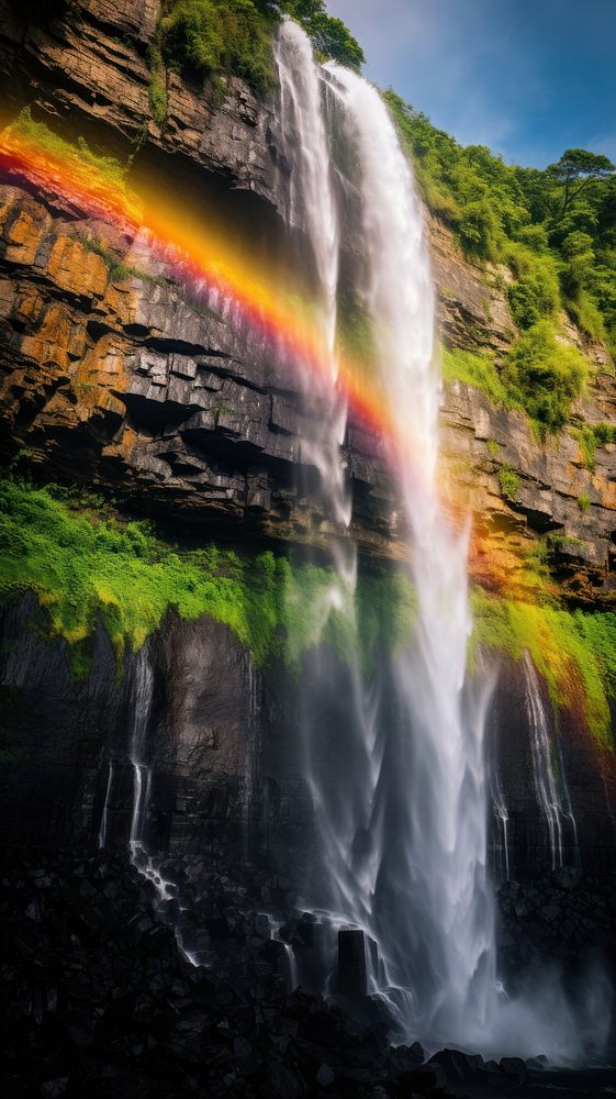  Waterfall rainbow nature rock. AI generated Image by rawpixel.