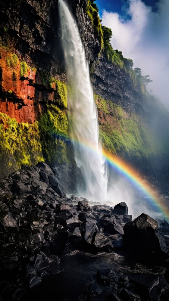  Waterfall rainbow nature rock. AI generated Image by rawpixel.