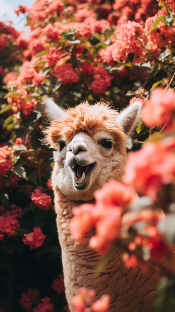  Alpaca in the flower bush animal mammal nature. AI generated Image by rawpixel.