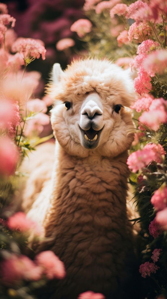  Alpaca in the flower bush wildlife animal mammal. AI generated Image by rawpixel.