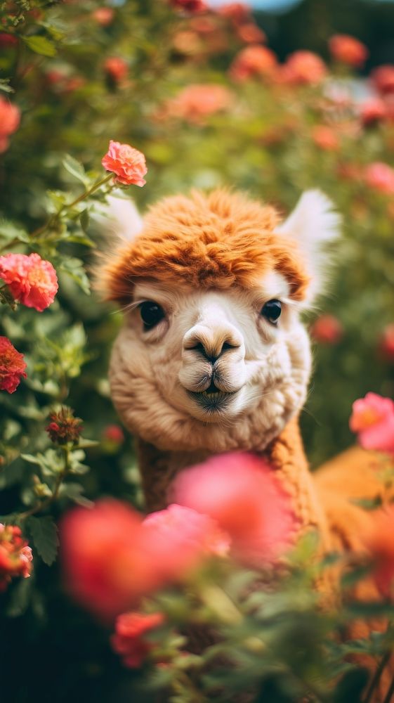 Alpaca in the flower bush mammal animal nature. AI generated Image by rawpixel.