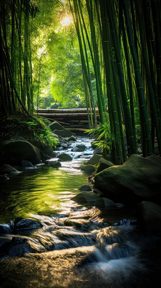  Bamboo forest nature stream vegetation. AI generated Image by rawpixel.