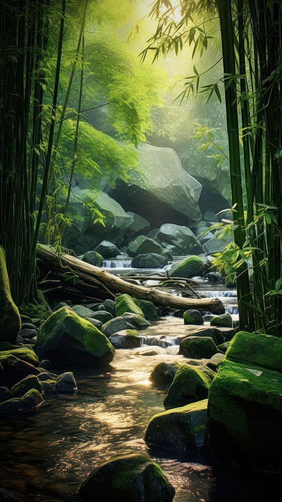  Bamboo forest nature stream vegetation. AI generated Image by rawpixel.