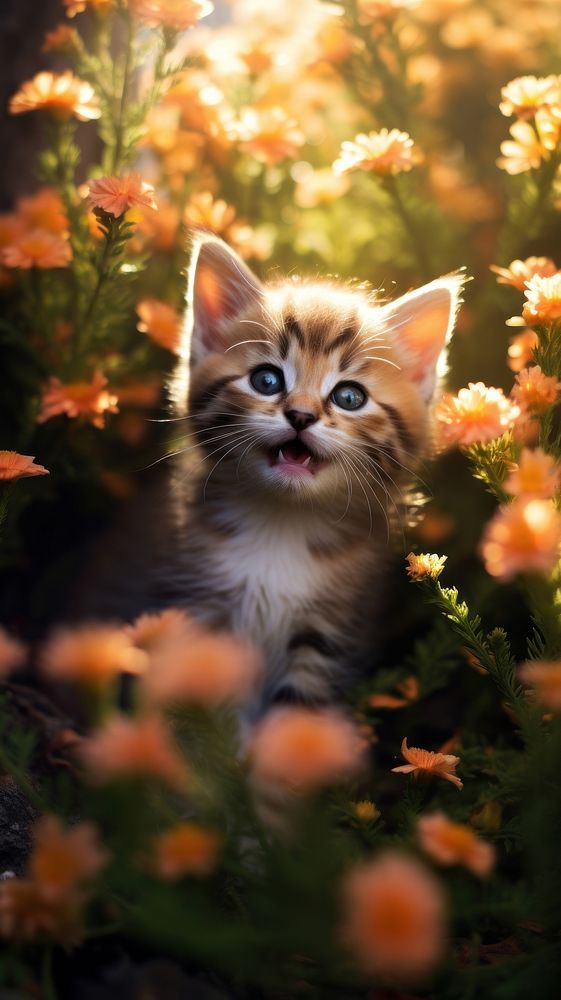  Baby kitten in the flower bush animal mammal nature. AI generated Image by rawpixel.